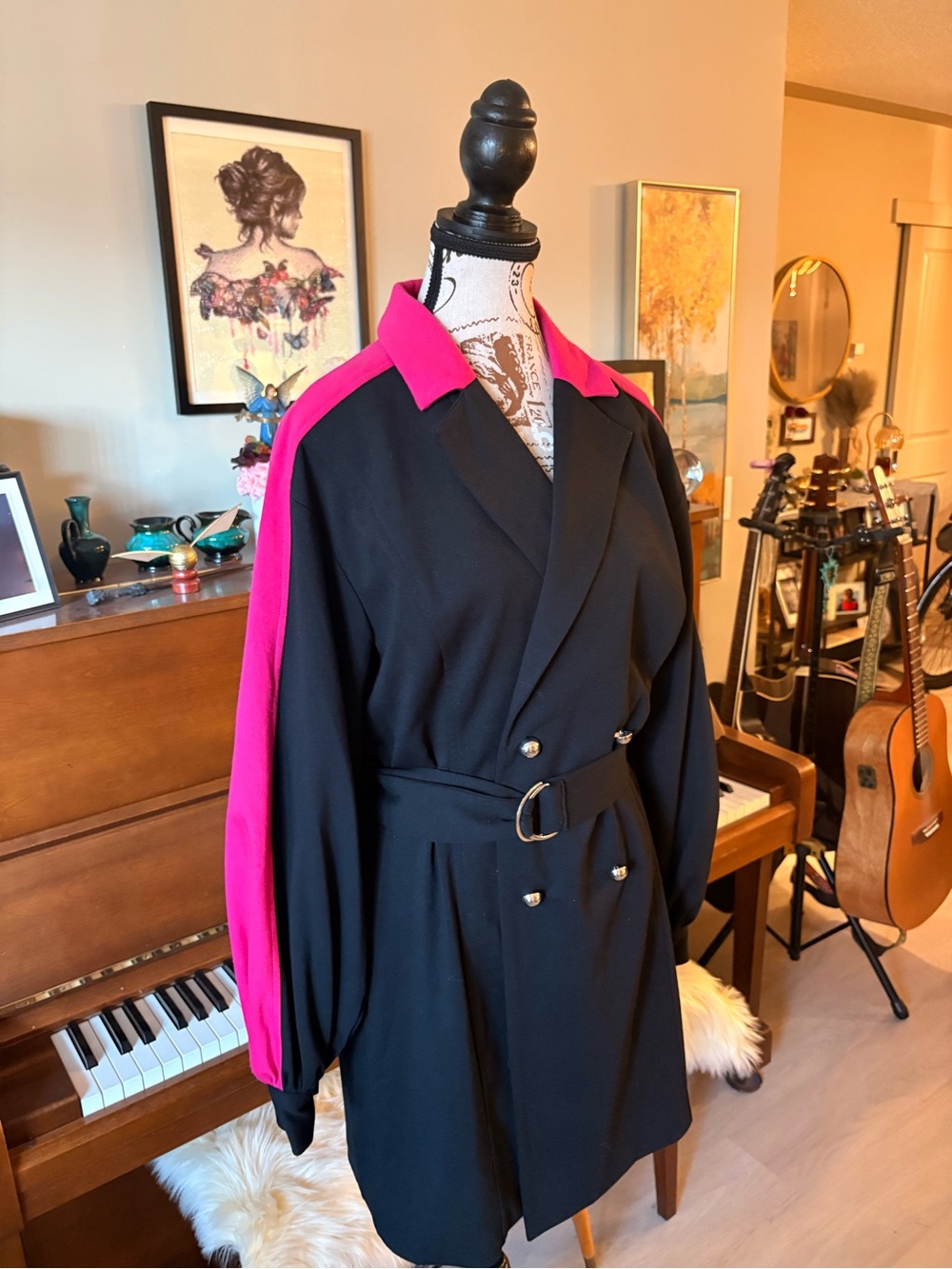 Black & Hot Pink Belted Wrap Dress
